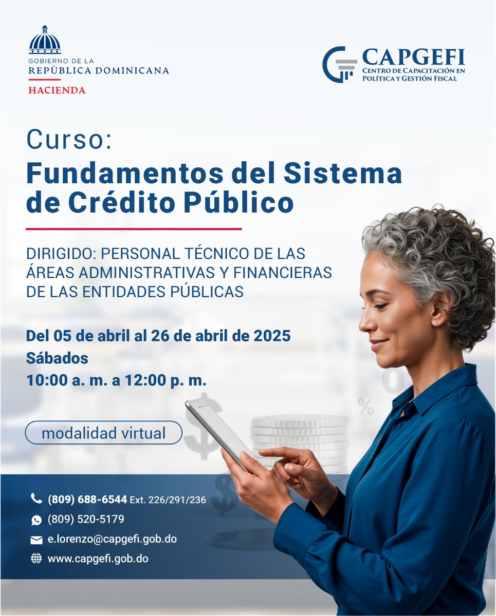 ¡Últimos cupos disponibles! 

Capacitaciones para fortalecer tus conocimientos y habilidades.

Inscríbete ya.

#Capacitaciones #CapgefiRD #HaciendaRD