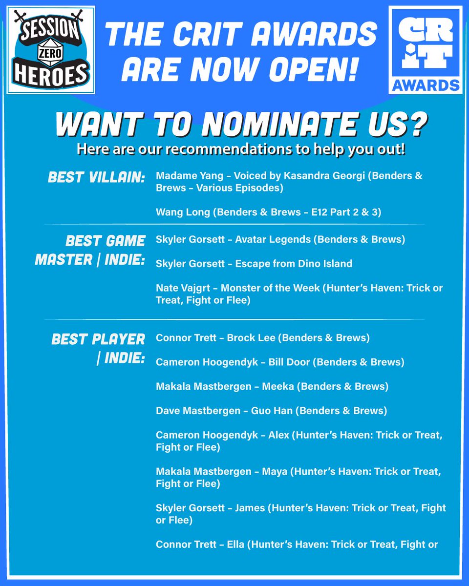 Session0Heroes's tweet photo. Hey, amazing TTRPG community! For your consideration: Session Zero Heroes for the CRIT Awards! #CRITAwards #TTRPG #Podcast #SessionZeroHeroes #Nominations @crit_awards https://t.co/7WEretBaGH
