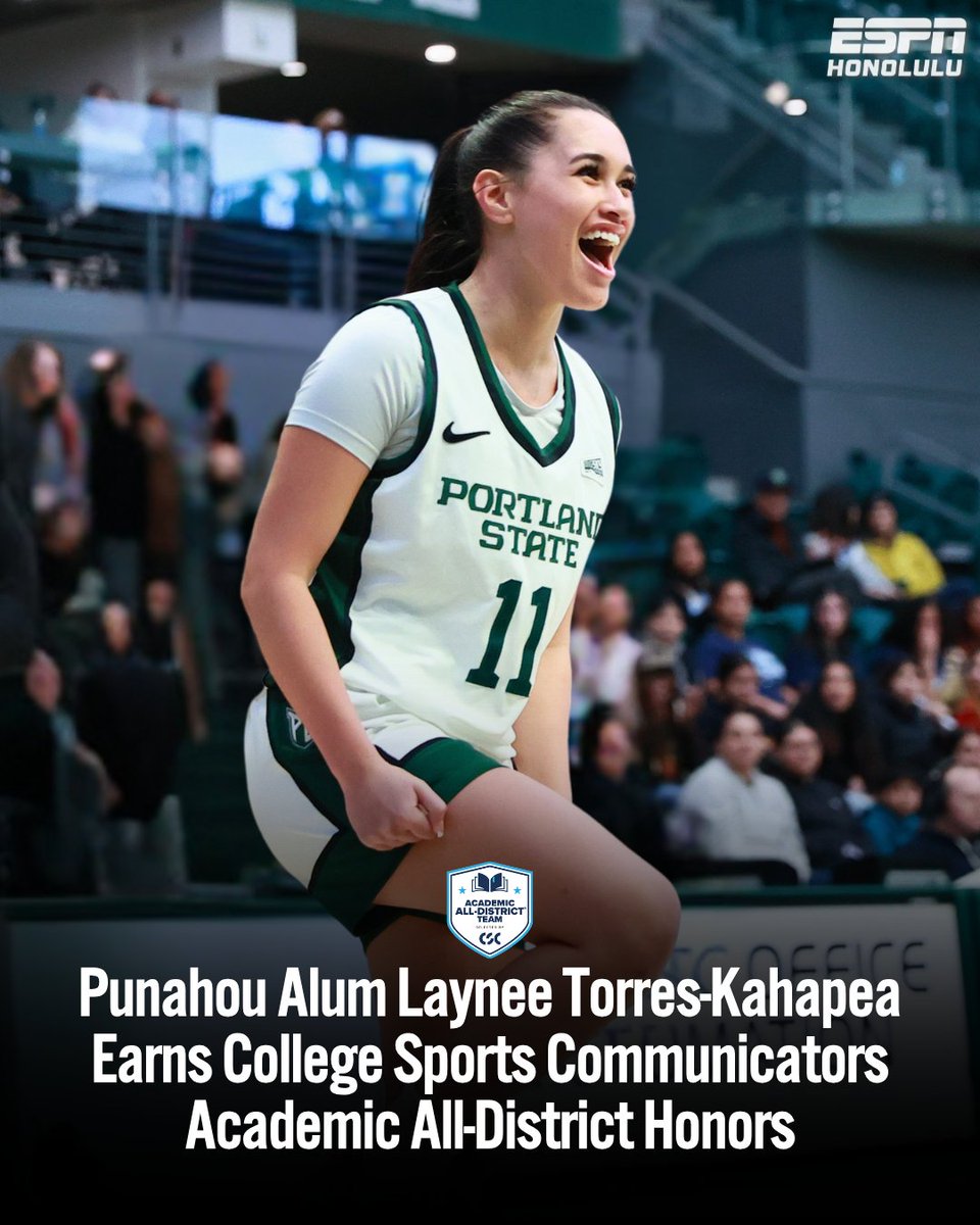 ESPNHonolulu's tweet photo. Congrats to Punahou alum and Portland State guard Laynee Torres-Kahapea on being named to the College Sports Communicators Academic All-District Team! 📚🏀 With an impressive 3.96 GPA, she continues to shine both on and off the court. #808AtTheNextLevel
📸: @psuviksWBB https://t.co/LWeIregUFo