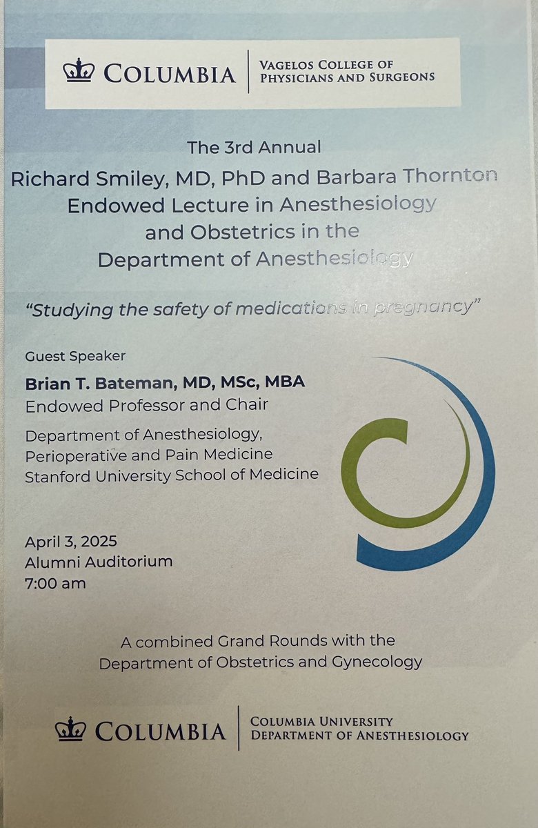 Dr. Ruthi Landau (@ruthi_landau) on Twitter photo The 3rd annual Smiley Thornton Endowed Lecture in Anesthesiology & Obstetrics is the highlight of this week <a href="/CUMCAnesthesia/">Columbia Anesthesiology</a> <a href="/ColumbiaObAnes/">Columbia Ob Anesthesia Division</a> <a href="/ColumbiaOBGYN/">Columbia Women's Health</a>
We are hosting Dr. Brian Bateman from <a href="/stanfordanes/">Stanford Anesthesiology</a>
Can’t wait to listen to this lecture ‘Studying the safety of The 3rd annual Smiley Thornton Endowed Lecture in Anesthesiology & Obstetrics is the highlight of this week <a href="/CUMCAnesthesia/">Columbia Anesthesiology</a> <a href="/ColumbiaObAnes/">Columbia Ob Anesthesia Division</a> <a href="/ColumbiaOBGYN/">Columbia Women's Health</a>
We are hosting Dr. Brian Bateman from <a href="/stanfordanes/">Stanford Anesthesiology</a>
Can’t wait to listen to this lecture ‘Studying the safety of