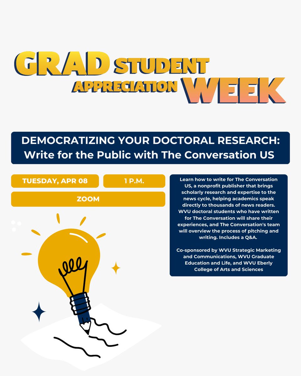 Learn how to write for the Public with The Conversation US next Tuesday! 🖊️

Find the full GSAW event schedule and registration links here: graduateeducation.wvu.edu/news-and-event…