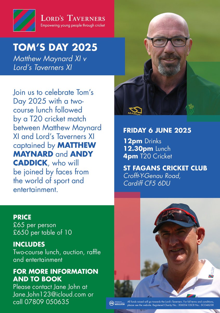 🏏 Tom's Day 2025 🏏 

Don't miss out on what promises to be another great occasion, as this year we raise funds for <a href="/LordsTaverners/">Lord's Taverners</a>.

To purchase a ticket or table please contact <a href="/Jej6150/">Jane john</a> - details in the poster.

See you on Friday 6th June!