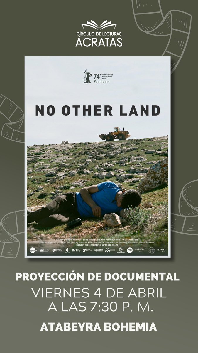 Este viernes 4 de abril a las 7:30 p. m. te invitamos a la proyección del documental “No Other Land”, una mirada poderosa y urgente sobre la lucha por la tierra y la dignidad en Palestina.

Organizado por el Círculo de Lecturas Ácratas.