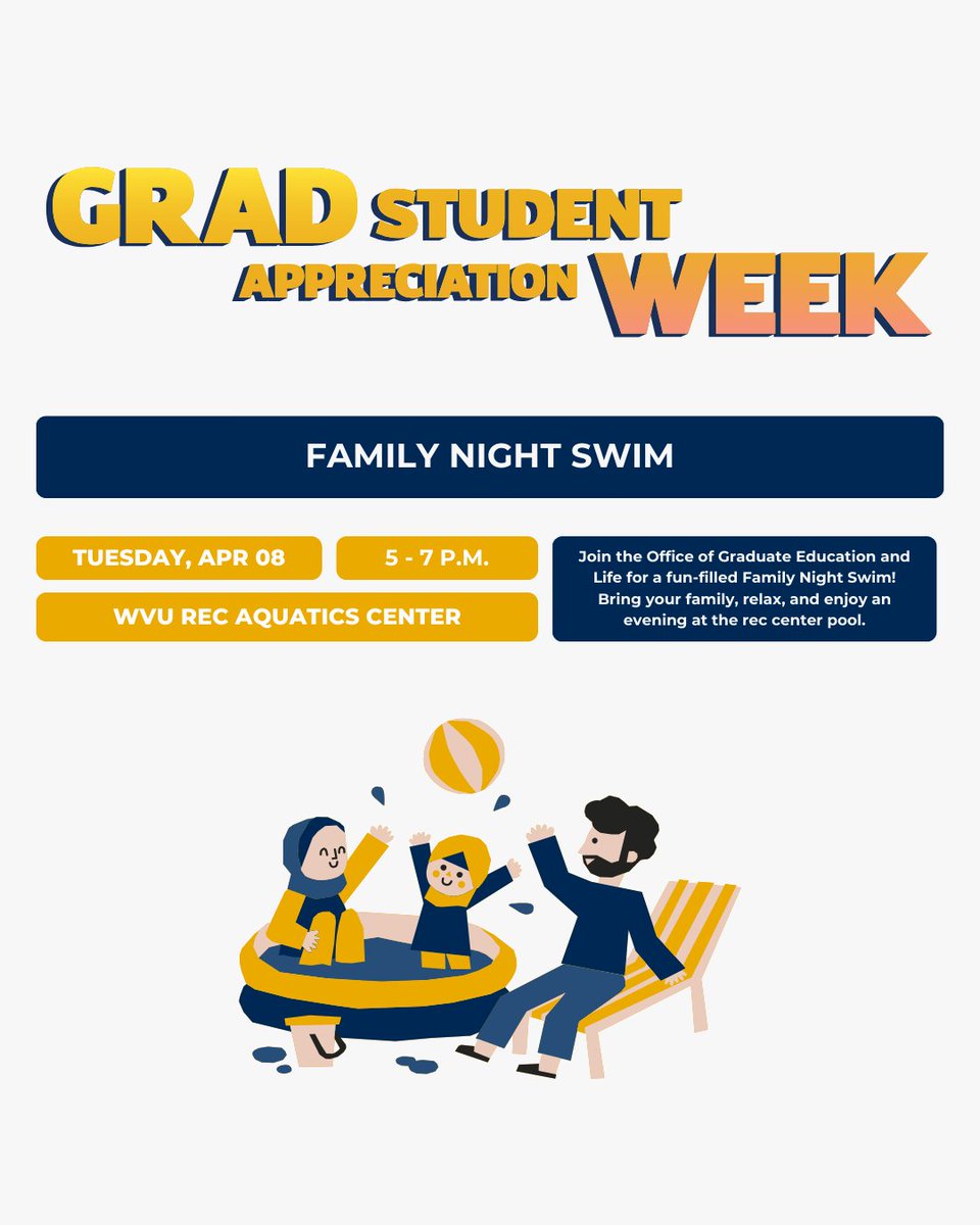 Come join us next Tuesday for a Family Night Swim at the Rec Center Pool! 🐬

Find the full GSAW event schedule and registration links here: graduateeducation.wvu.edu/news-and-event…