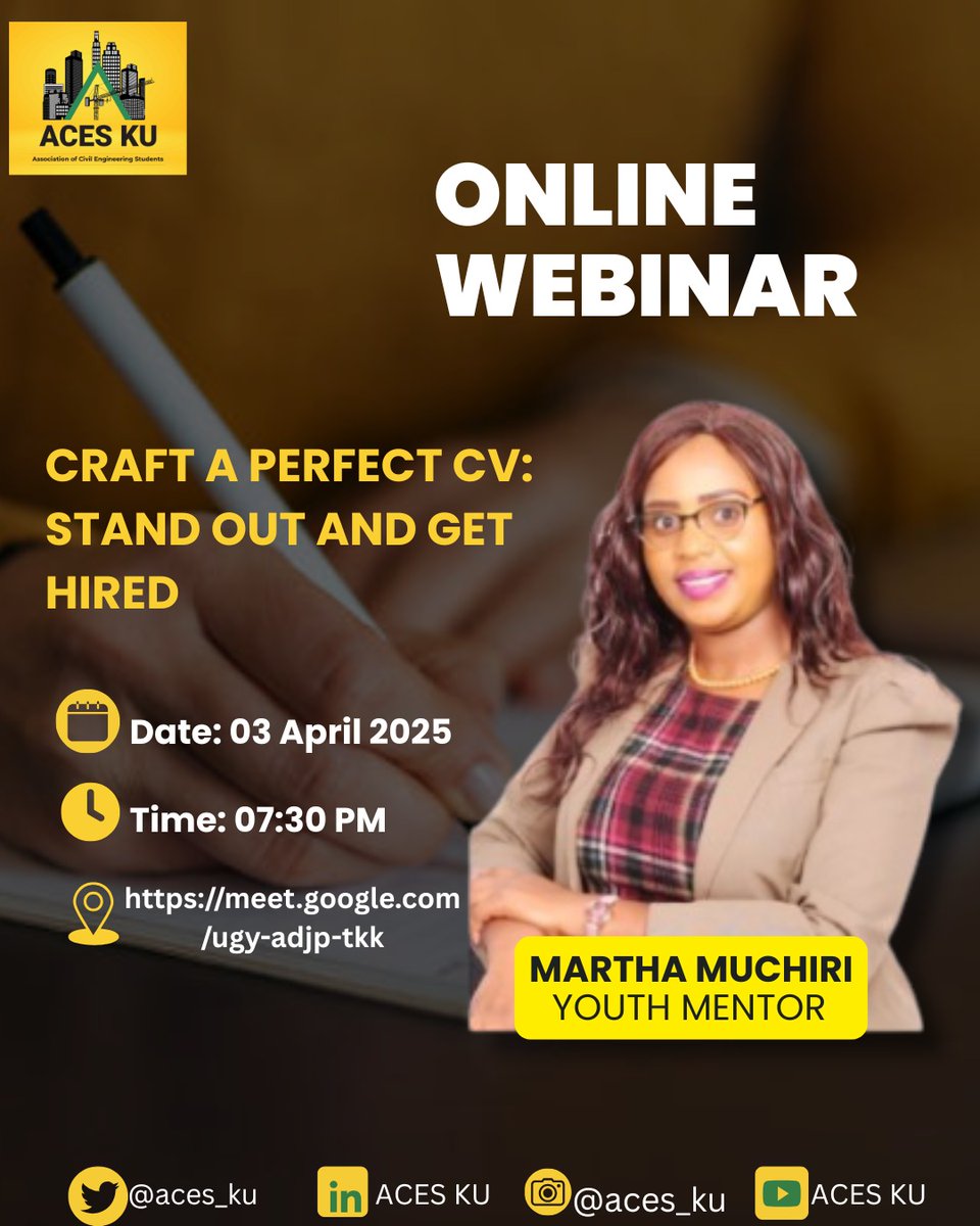 📢 Join Our CV Writing Webinar!🚀  

✅ Expert tips on structuring your CV  
✅ Common mistakes to avoid  
✅ Strategies to highlight your strength  
 
📅 Date: 03 April 2025
⏰ Time: 7:30pm 
📍 location: Virtual
 🔗 join using the link: meet.google.com/ugy-adjp-tkk