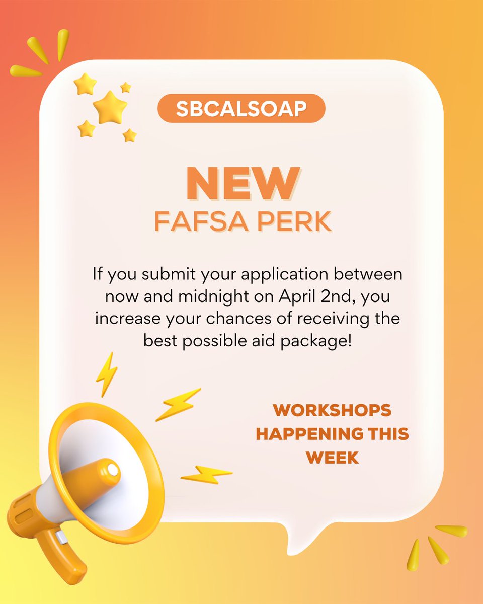 sbcal_soap's tweet photo. April Fools! Well not really... it's true and it always has been! April 2nd, tomorrow, is the Financial Aid Priority Deadline! Come to our workshops today at Dos Pueblos High and Carp High for help at 4:30! https://t.co/3OfZpeLRFg