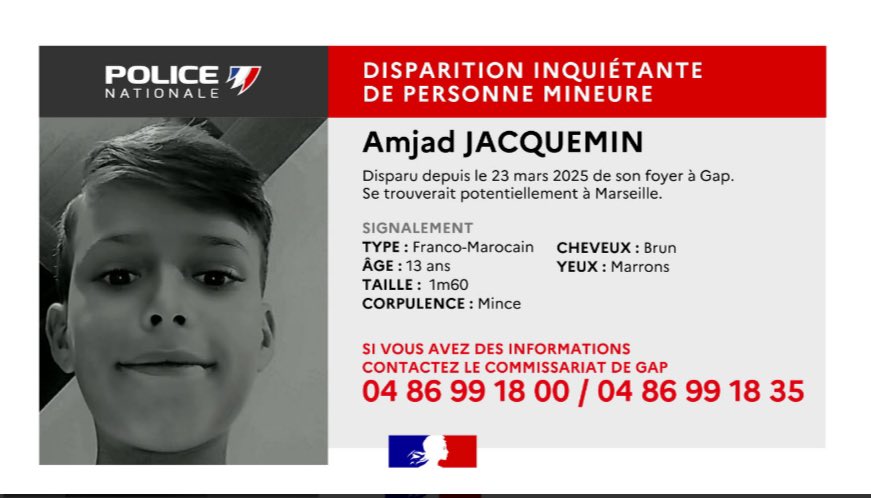 🚨🚨Alerte #disparition: le jeune #AmjadJACQUEMIN, 13 ans, est porté disparu et actuellement recherché! 

Merci de contacter les autorités si vous disposez de la moindre information!