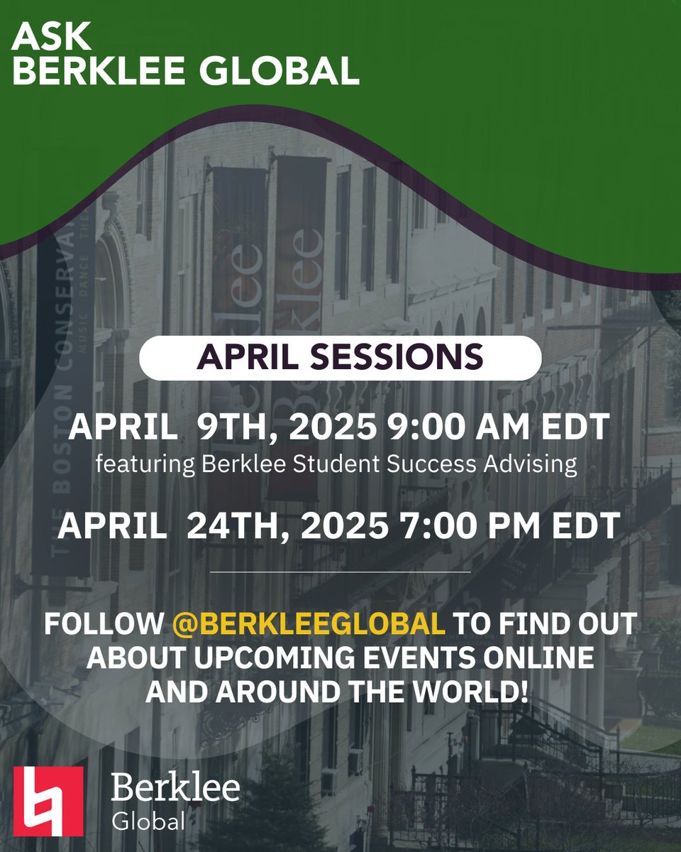 Join us for the upcoming Ask Berklee Global online session! In this special edition, we will be highlighting our Student Success Advising services, which offer a personalized advising experience trough your time at Berklee.

Register now here: linktr.ee/BerkleeGlobal 🔗