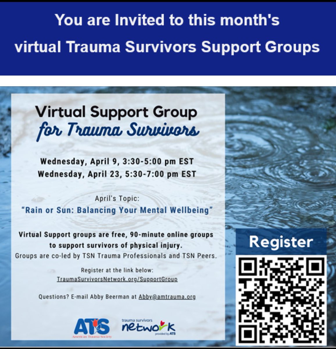 Rain or Sun: Balancing Your Mental Wellbeing! Join us for a Virtual Support Group for Trauma Survivors, April 9th or 23rd! Groups are free, 90 minutes &amp; support survivors of physical injury!! Questions: Contact Gina at regina.menninger@uchealth.com <a href="/uc_health/">UC Health</a> <a href="/TraumaSurvivors/">Trauma Survivors Network</a>