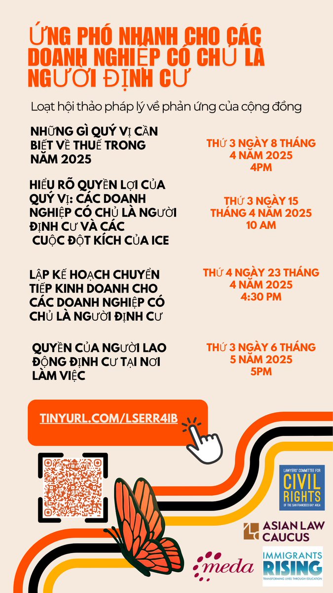 Join our FREE  ONLINE Rapid Response for Immigrant Businesses Legal Series to empower  immigrant owned businesses through legal education &amp; support.

Held in partnership with <a href="/AsianLawCaucus/">Asian Law Caucus</a>  <a href="/medasf/">medasf</a>  &amp; @immigrantsrising 

Register now: lccrsf.org/get-assistance…