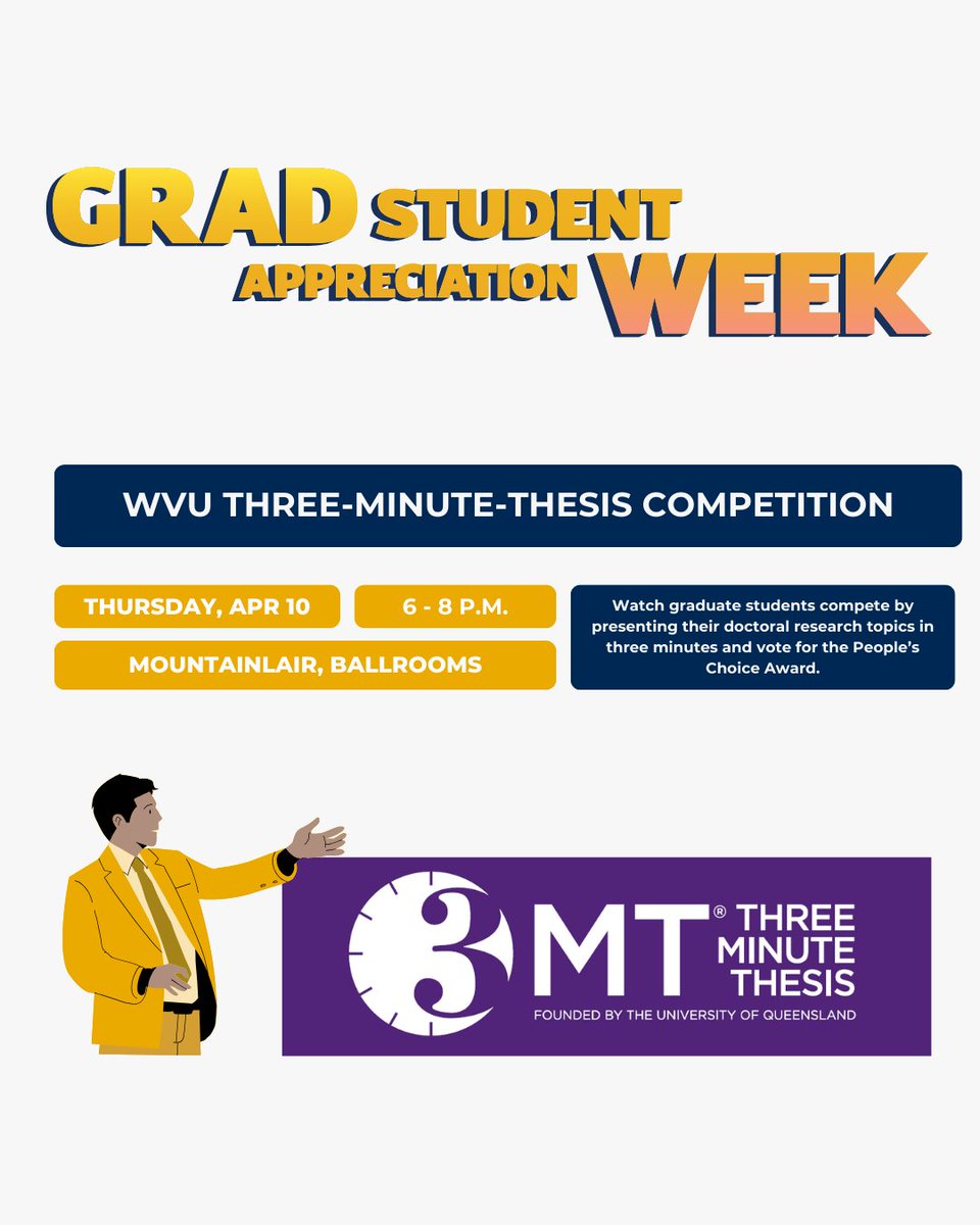 Watch finalists compete to present their research in just three minutes, and cast your vote for the People’s Choice Award. Don’t miss this chance to support your fellow grad students! 

Find the full GSAW schedule and registration links here: graduateeducation.wvu.edu/news-and-event…