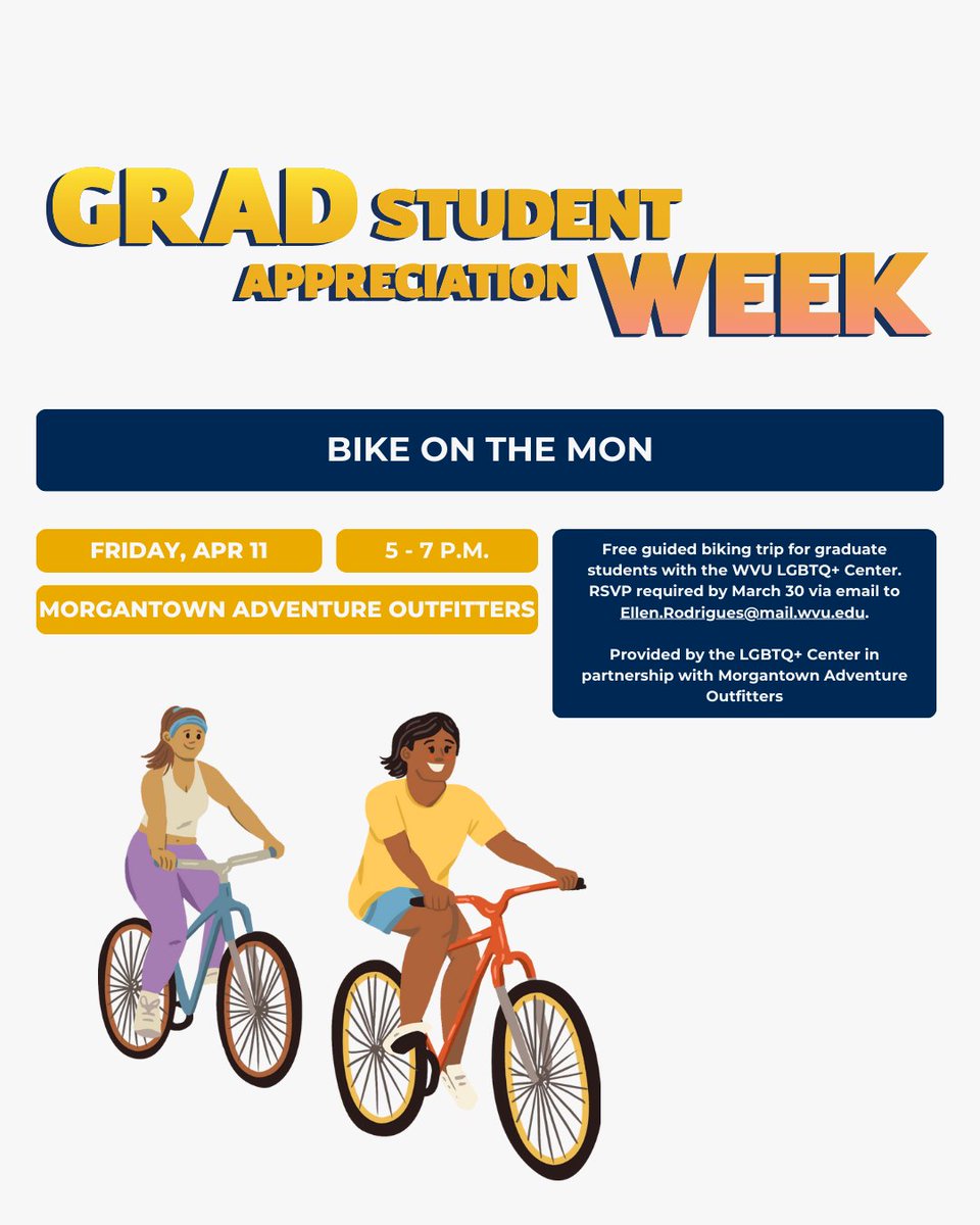 Join the WVU LGBTQ+ Center for a free guided biking trip! 🚲

Find the full GSAW schedule and registration links here:
graduateeducation.wvu.edu/news-and-event…