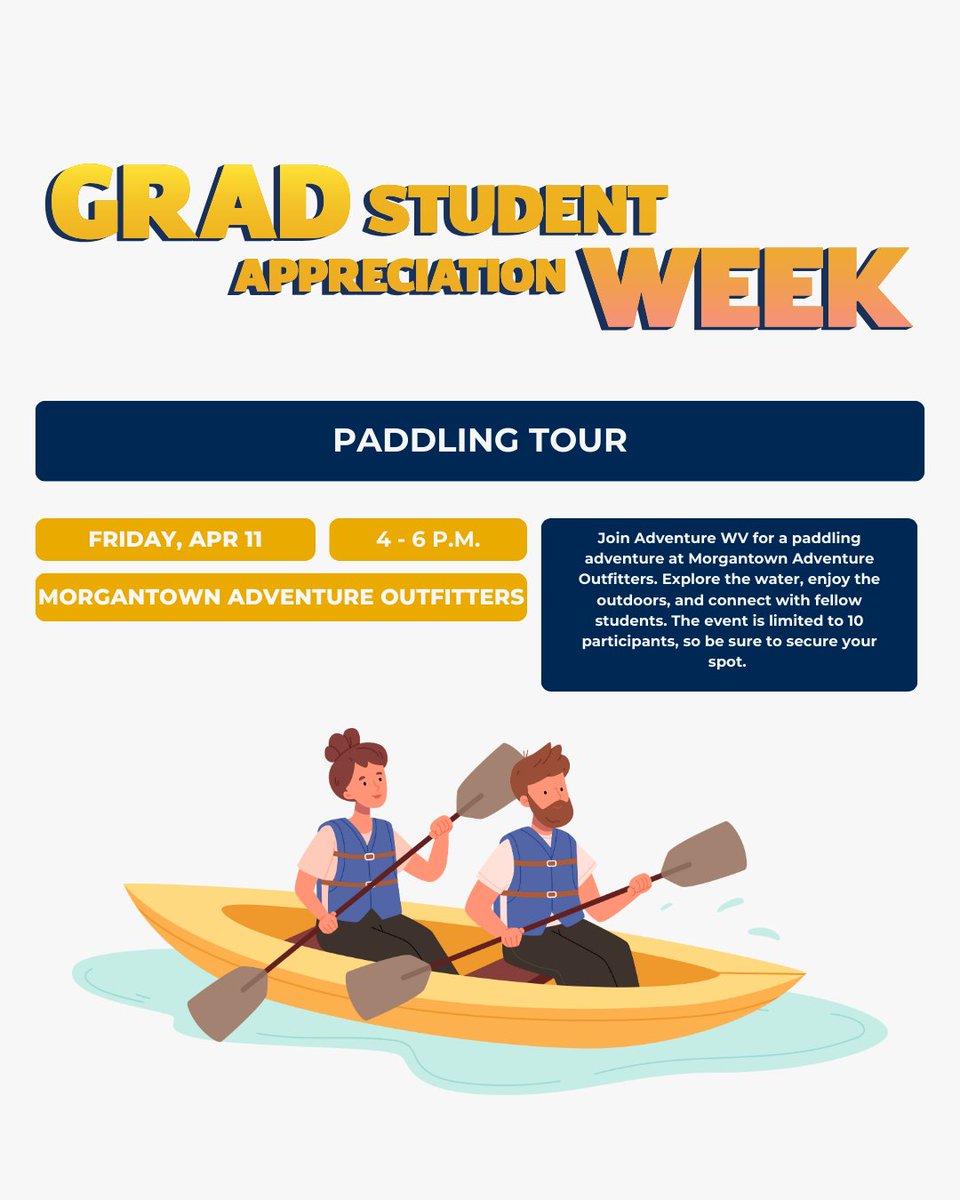Join <a href="/Adventure_WV/">Adventure WV</a> for a paddling adventure at Morgantown Adventure Outfitters. Explore the water, enjoy the outdoors, and connect with fellow students. 🛶

Find the full GSAW event schedule and registration links here: graduateeducation.wvu.edu/news-and-event…