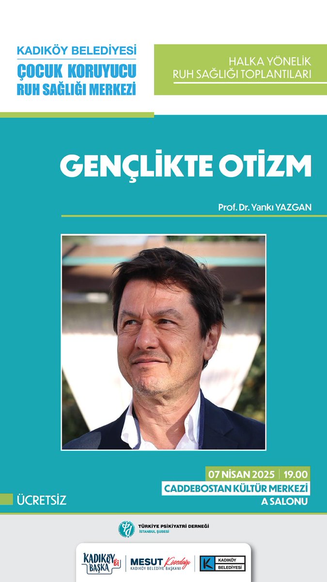 Caddebostan Kültür Merkezi'nde toplantılarımıza devam ediyoruz! 7 Nisan günü 19.00'da "Gençlikte Otizm" başlığını Prof. Dr. Yankı Yazgan ile konuşacağız. Herkesi beraber tartışmaya bekliyoruz. <a href="/yankiyazgancom/">Yankı Yazgan</a>