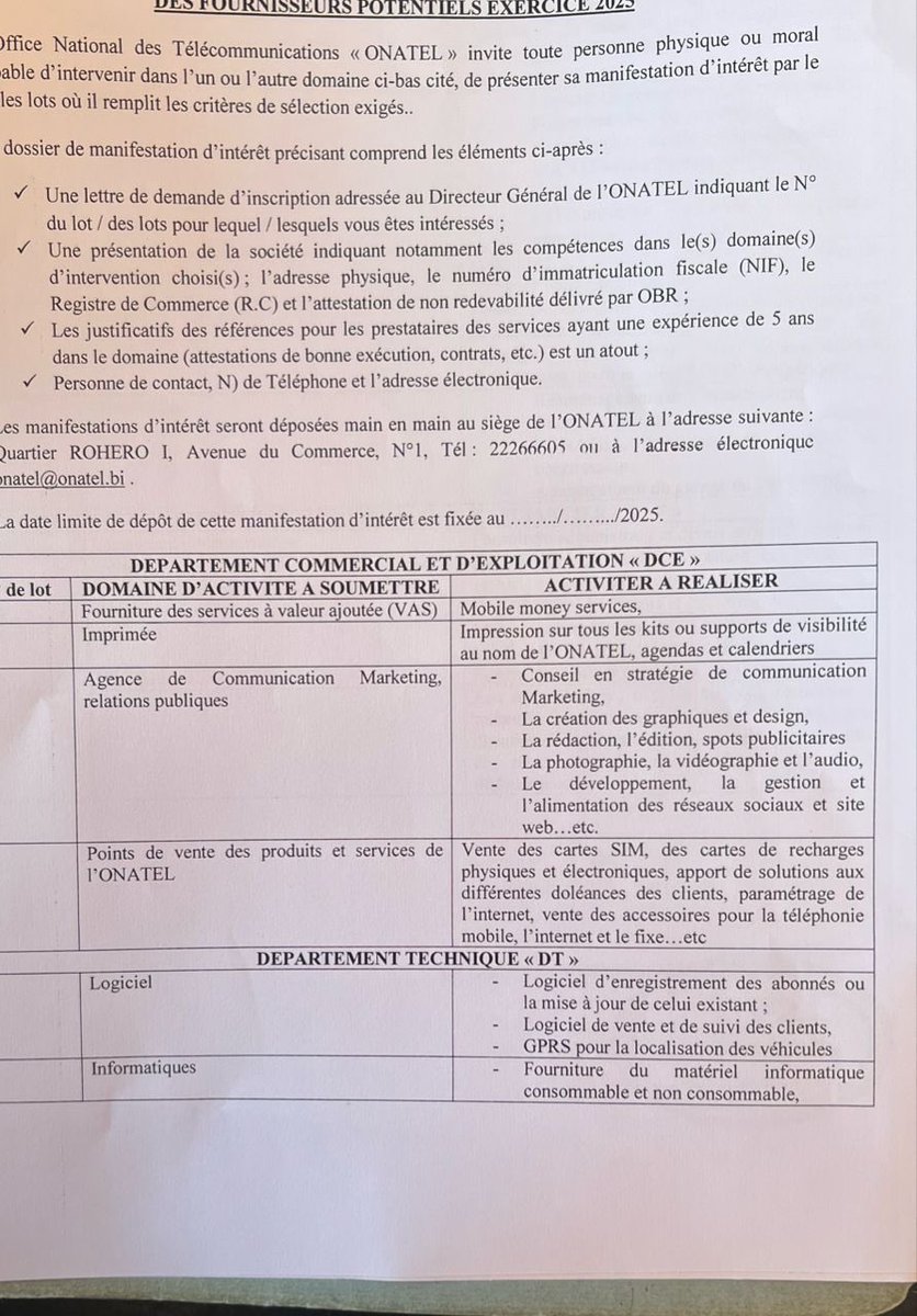 akezanet's tweet photo. 🚨 @OnatelBurundi lance un appel à manifestation d’intéret pour des fournisseurs de service🚨
.
.
⚠️ Date limite : le 11 avril 2025
#lesbeautesdecheznous #akezanet #Onatel #Burundi https://t.co/CC2NVfNgQB