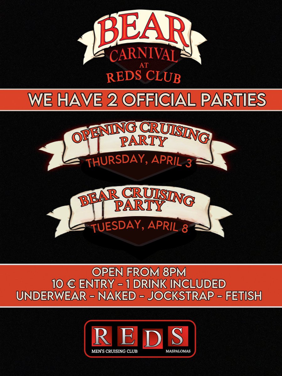 BEAR CARNIVAL + REDS CLUB!!
You are invited to our official parties on Thursday 3 and next Tuesday 8
We also have parties for bears, chasers and everyone that want to come and have fun all the days of the carnival 🔥
WE ARE OPEN EVERYDAY 
📍Av. Tirajana 17, Edificio Barbados II