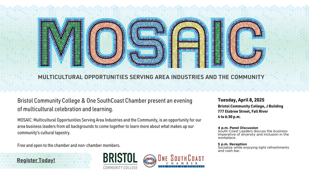 BristolCC (@bristolcc) on Twitter photo Still time to register! Join Bristol Community College and <a href="/OneSouthcoast/">One SouthCoast Chamber</a> on Tuesday, April 8, for an evening of multicultural celebration and learning at the second annual MOSAIC!
4 pm - Panel Discussion
5 pm - Reception
Register today: members.onesouthcoast.com/events/details… Still time to register! Join Bristol Community College and <a href="/OneSouthcoast/">One SouthCoast Chamber</a> on Tuesday, April 8, for an evening of multicultural celebration and learning at the second annual MOSAIC!
4 pm - Panel Discussion
5 pm - Reception
Register today: members.onesouthcoast.com/events/details…