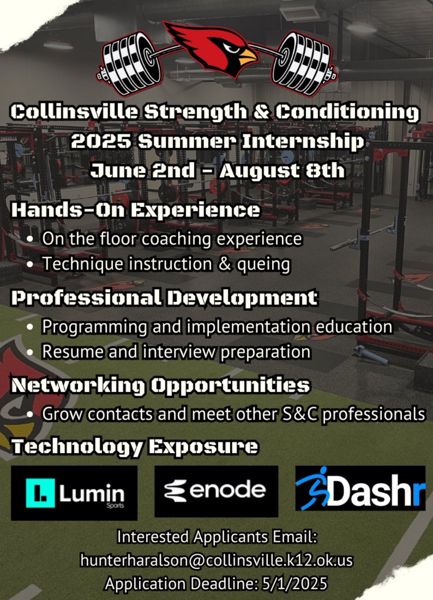 Summer Internship Opportunity!!!

Collinsville High School Strength and Conditioning department is seeking volunteer coaches for the summer of 2025.

Application deadline: May 1st, 2025

Applicants must send in current resume and 3 references.

<a href="/NHSSCA_OK/">NHSSCA-Oklahoma</a>