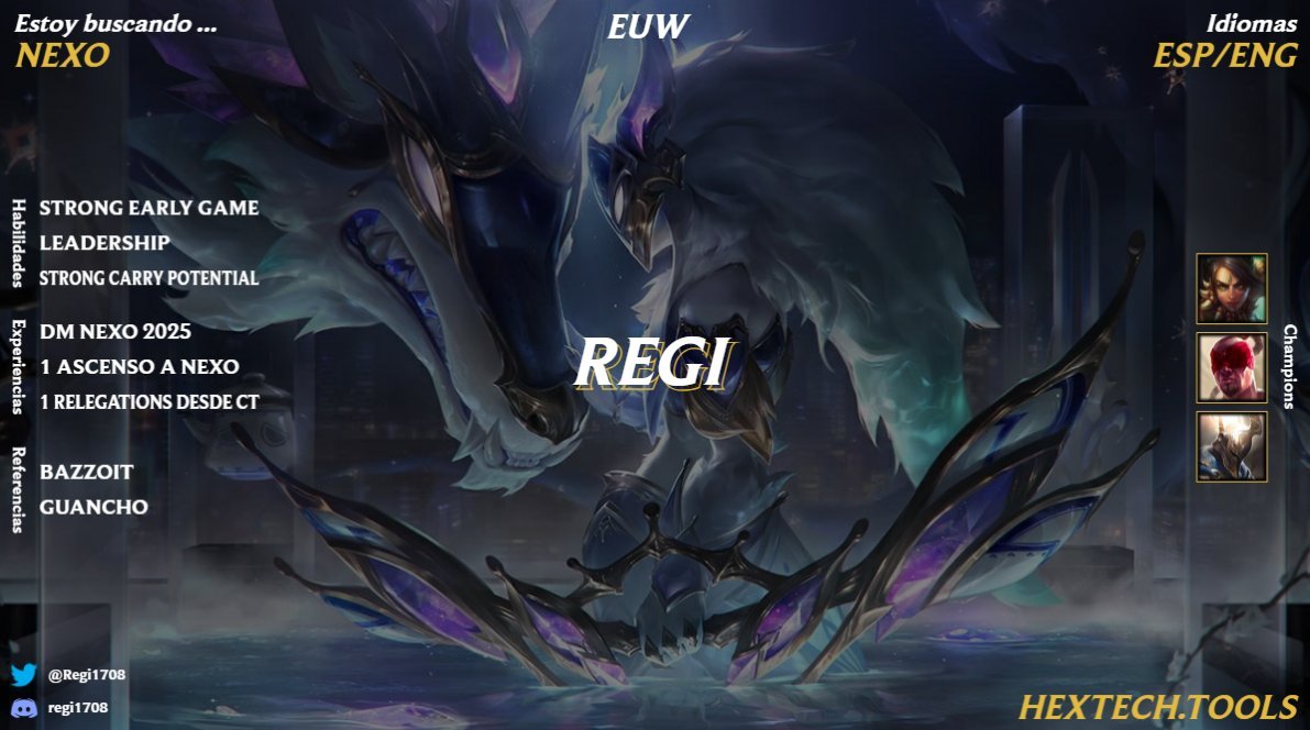 Pues habiendo terminado la jornada regular, anuncio que estoy LFT para Nexo el próximo split.

Para más referencias podéis preguntarme por MD, al igual que para VODs.

RTs appreciated >.<