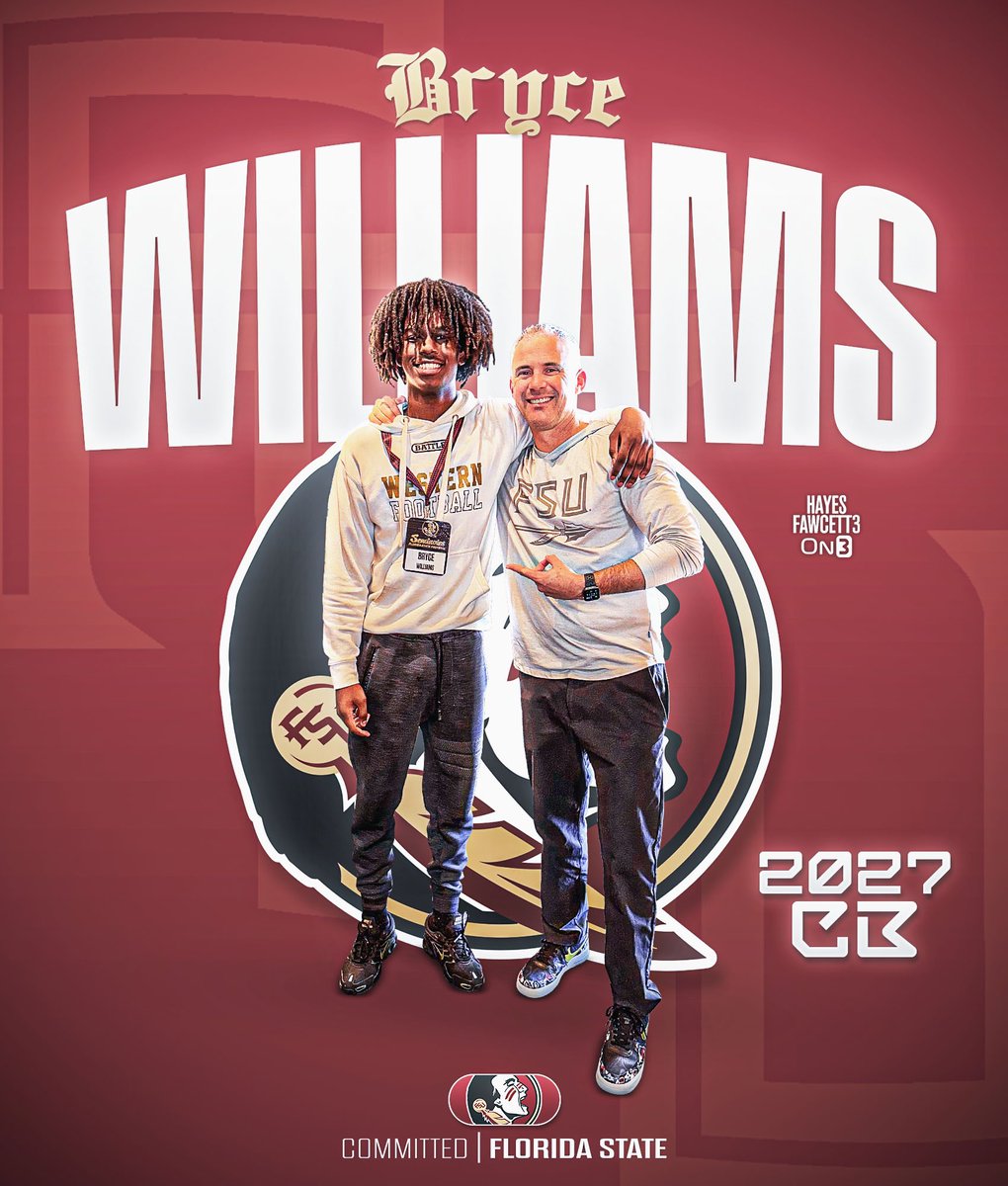 BREAKING: Four-Star CB Bryce Williams (2027) has Committed to Florida State, he tells me for <a href="/on3recruits/">Follow @Rivals</a>

The 6’2 175 CB from Fort Lauderdale, FL chose the Seminoles over USC, Miami, &amp; Colorado

“The best in the nation.”

on3.com/db/bryce-willi…
