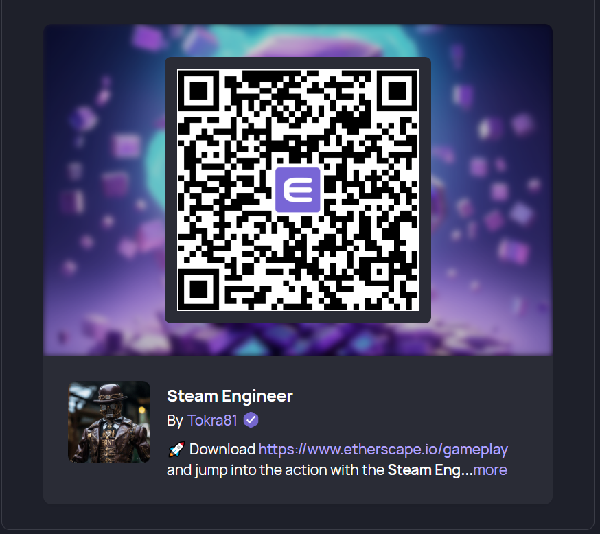 toka2204's tweet image. 🚀 Download etherscape.io/gameplay and jump into the action with the Steam Engineer from the Enjin Robots 🔧🔥
Live in-game with @SamTheBay – powered by your own NFTs!
Have fun and see you on the battlefield! 🎮💥 #NFTGaming #Enjin #Etherscape #Web3 #Enjin