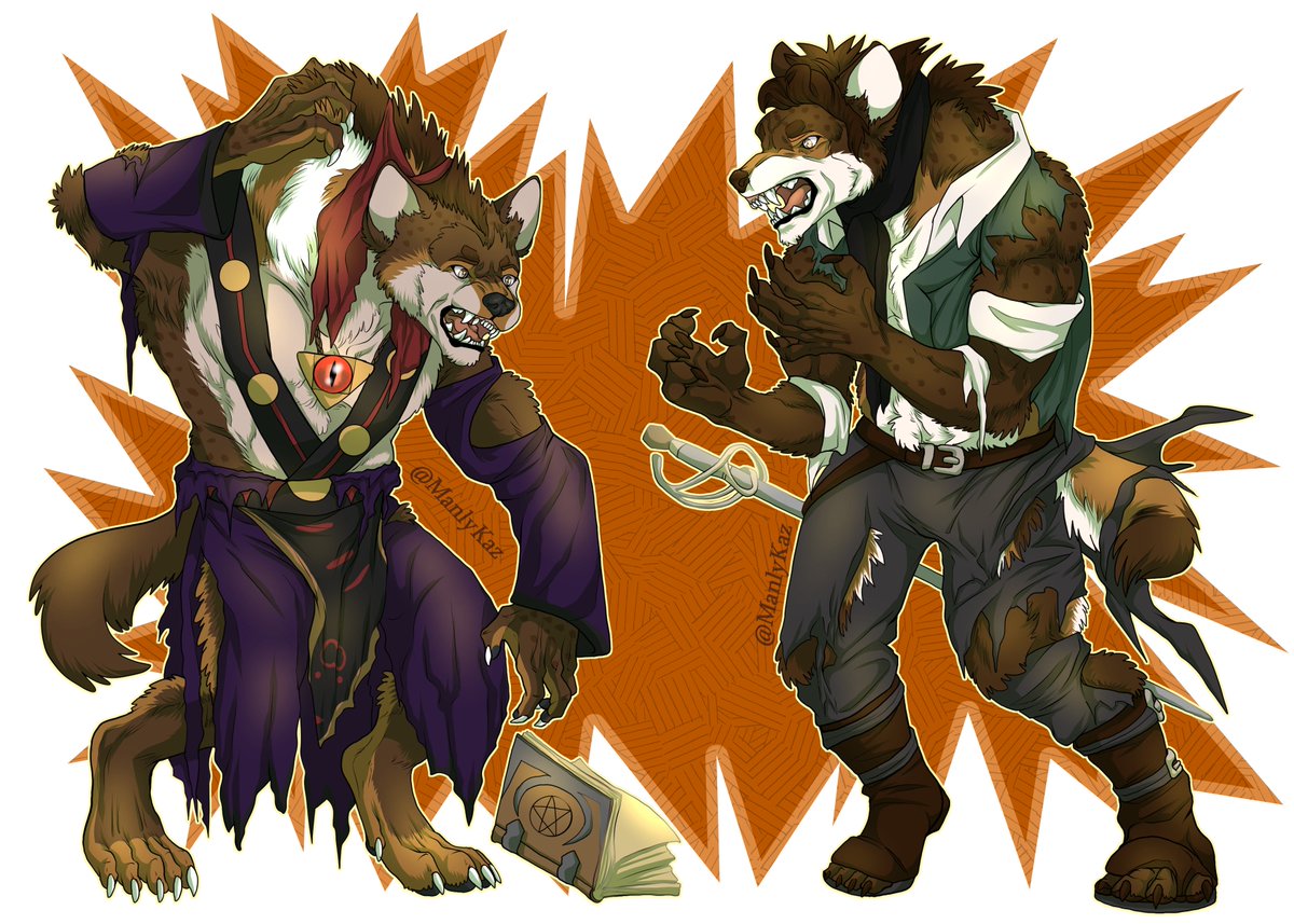 ManlyKaz's tweet photo. Double trouble!! Looks like this party got caught into a mess with some gnolls! Lol get ready to join the pack 🫵😆
transformation for @IantosWolf 

#TFTuesday #furryart #transfur https://t.co/BqAgwaaf7G