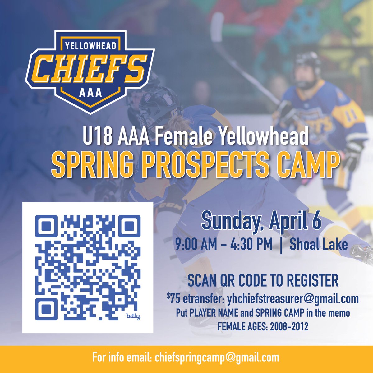 April 2 is the deadline to enter our Spring Prospects Camp!

Sunday, April 6, 9:00 to 4:30
$75 per player
Players from any regions welcome

SCAN QR CODE TO REGISTER or click
docs.google.com/forms/d/1wA3F1…