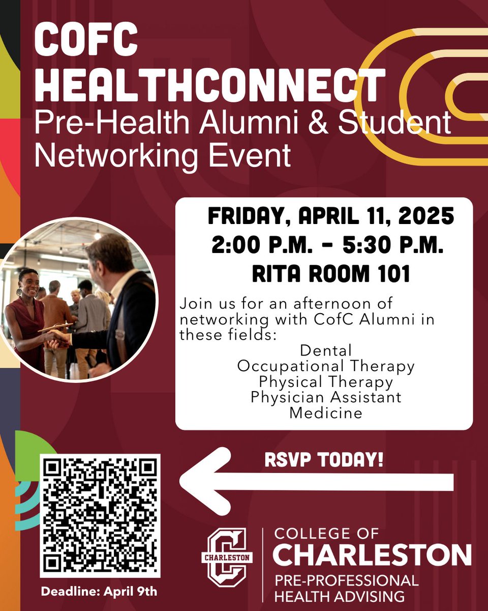Join <a href="/CofCPreHealth/">Pre-Health Advising</a> for CofC HealthConnect: an alumni networking event, where you’ll have the opportunity to connect with alumni professionals from healthcare fields 

Friday, April 11, 2025 
RITA Room 101 
2:00 p.m. – 5:30 p.m. 
RSVP HERE: forms.office.com/r/YGLCH3zRgP