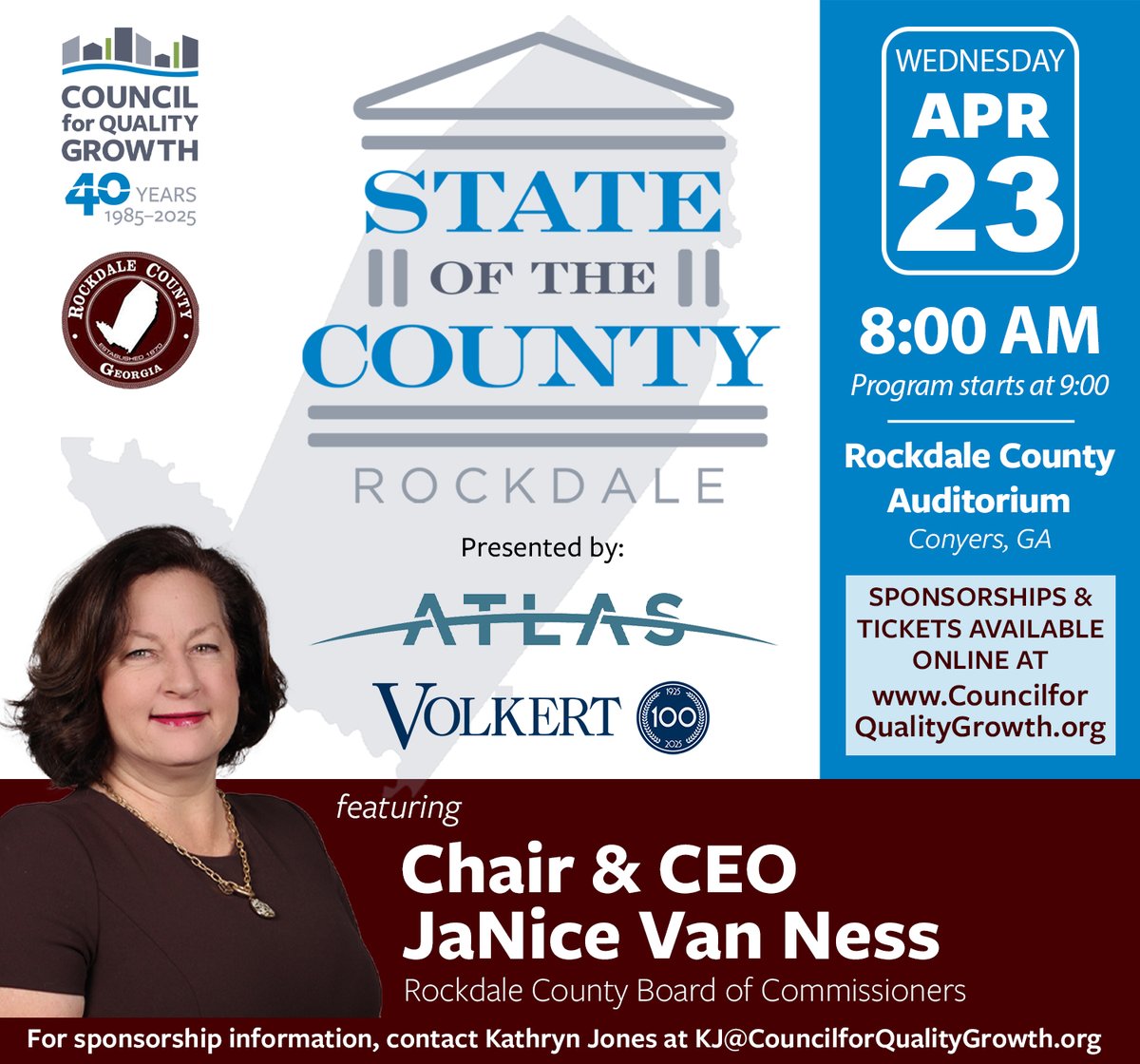 Only three weeks left to sponsor the 2025 #StateofRockdale, presented by Atlas and Volkert, Inc. Join us on April 23rd at 8AM in the Rockdale County Auditorium to hear Rockdale County Chair &amp; CEO JaNice Van Ness deliver her first county address: councilforqualitygrowth.memberzone.com/events/details…