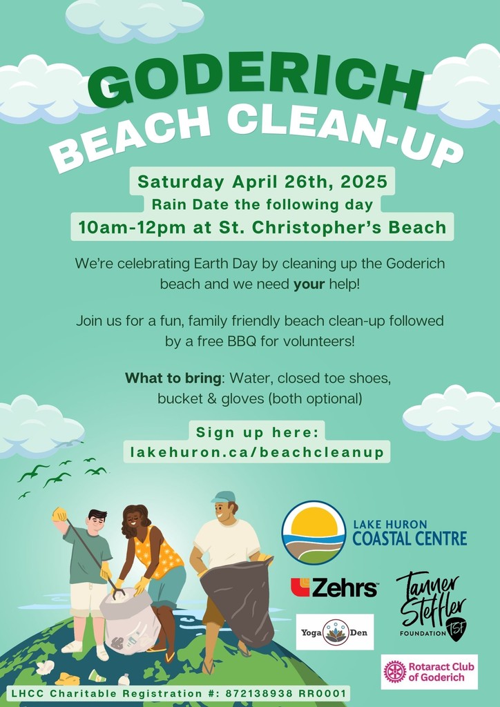 Join us in celebrating Earth Day by cleaning up the Goderich beach! Volunteers are welcome to a free beach BBQ afterwards. 

Thank you to our partners: Zehrs, Tanner Steffler Foundation, Yoga Den and Rotaract Club of Goderich. 

Sign up at lakehuron.ca/beachcleanup.