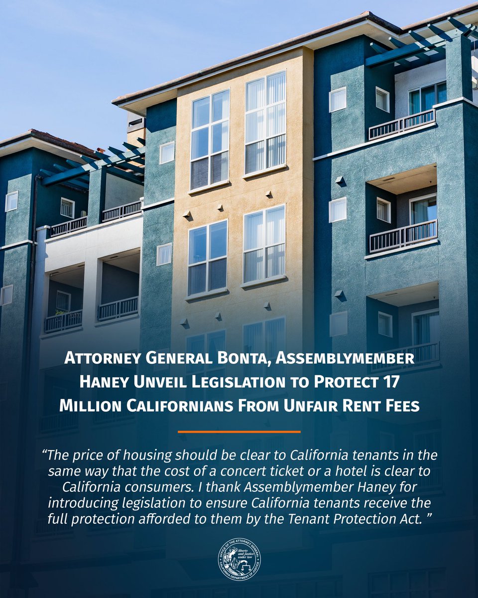 AGRobBonta's tweet image. CA DOJ is proud to co-sponsor @MattHaneySF’s #AB1248, which seeks to protect tenants from unfair and unpredictable fees added to their rent.
 
AB1248 will help ensure rent payments remain straightforward and stable—ensuring Californians can plan ahead amid the cost-of-living