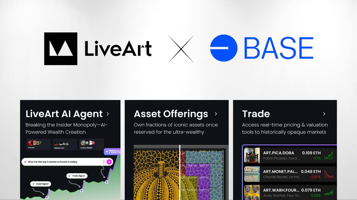 🔵 LiveArt x <a href="/base/">Base</a> 🤝

LiveArt is launching on Base to bring iconic art and luxury assets onchain—making the $10T market more accessible, liquid, and community-powered than ever before.

🚀 As Base builds the next generation of onchain culture and apps, LiveArt is unlocking