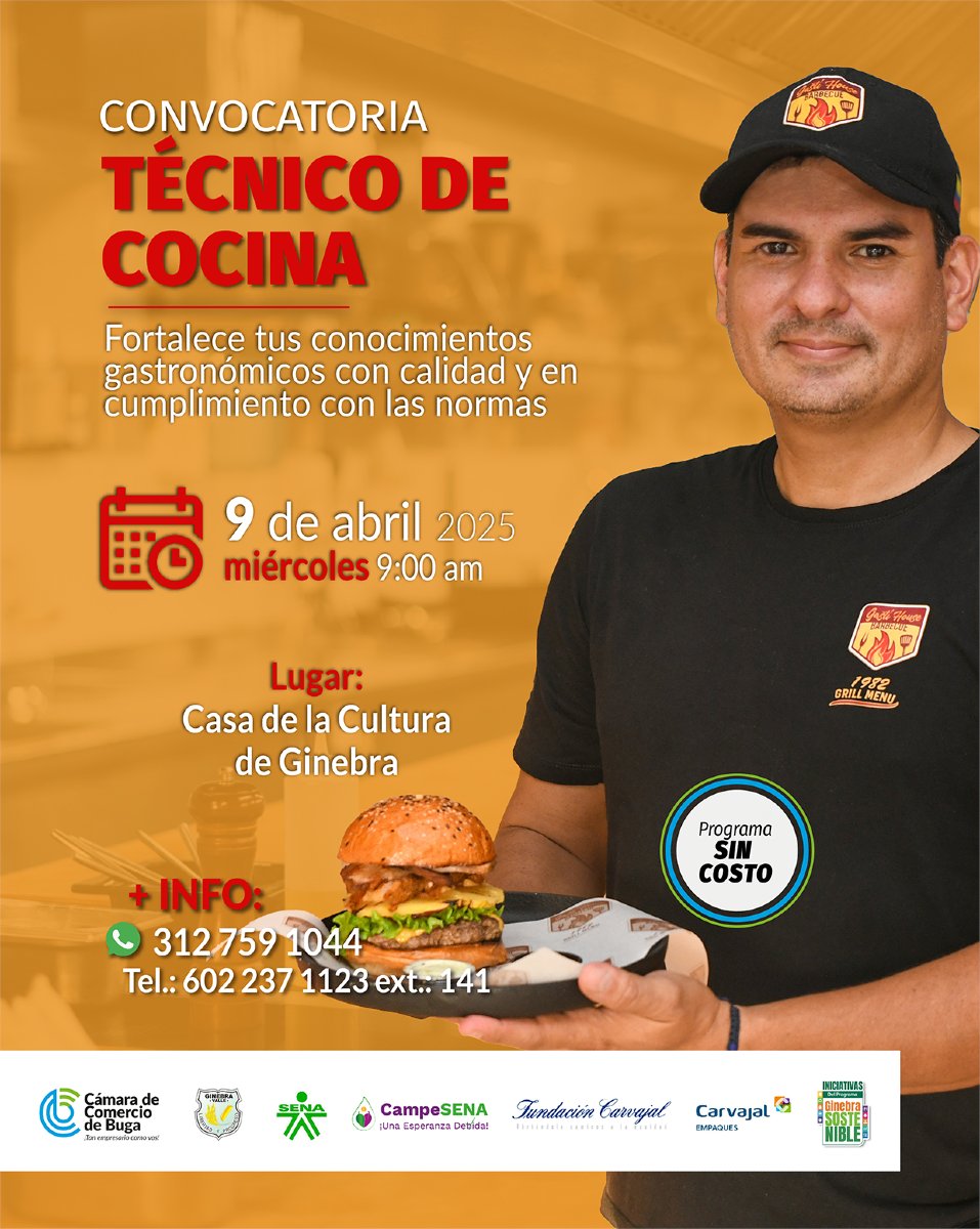 📌 Participa de la Convocatoria Técnico en Cocina, un programa que te prepara para aplicar conocimientos gastronómicos con calidad e inocuidad, cumpliendo las normativas del sector. Como egresado, podrás trabajar en casinos, restaurantes, catering, cruceros, plantas de producción