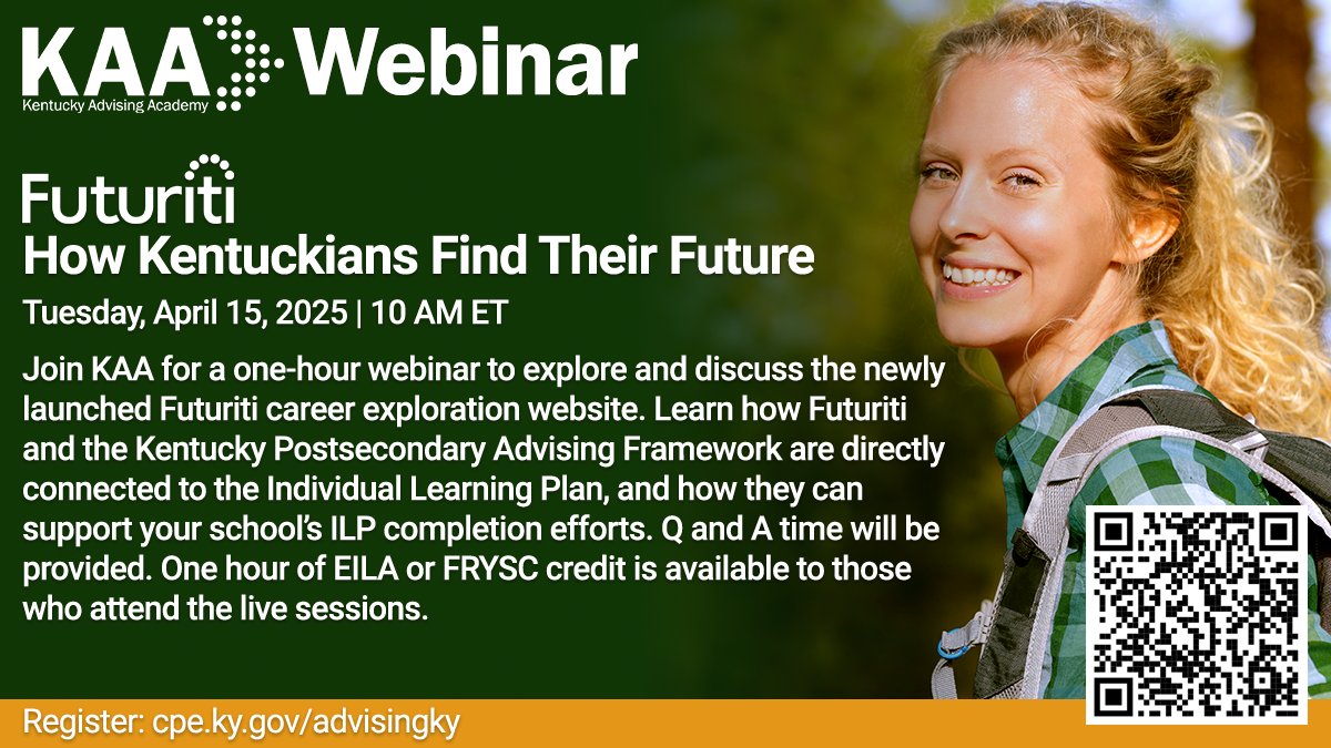 This is no April Fool's joke! The KAA April webinar is only 2 weeks away!

Join the KAA on Tuesday, April 15 to learn about:
🔵using Futuriti to support career exploration
🔵alignment of Futuriti to the KPAF and ILP
🔵ready-to-use lesson plans

Register at cpe.ky.gov/advisingky
