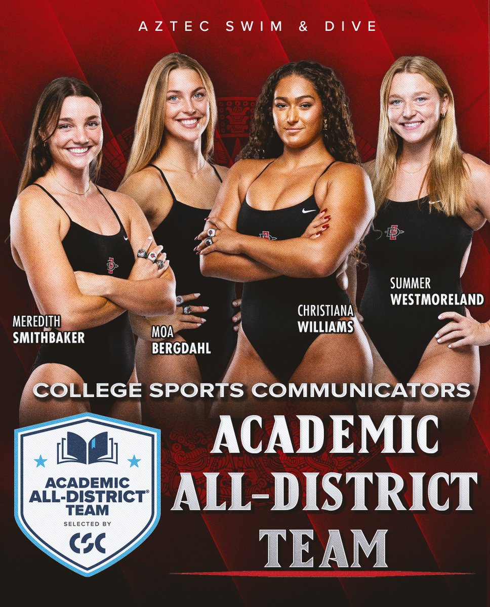 Congrats to our 4⃣ CSC Academic All-District honorees!

College Sports Communicators recognizes the nation's top student-athletes for their combined performances in the classroom and in the pool. Way to go, ladies!  #GoAztecs 🏊‍♀️ 📚

📰 Story: tinyurl.com/j4wk2v87