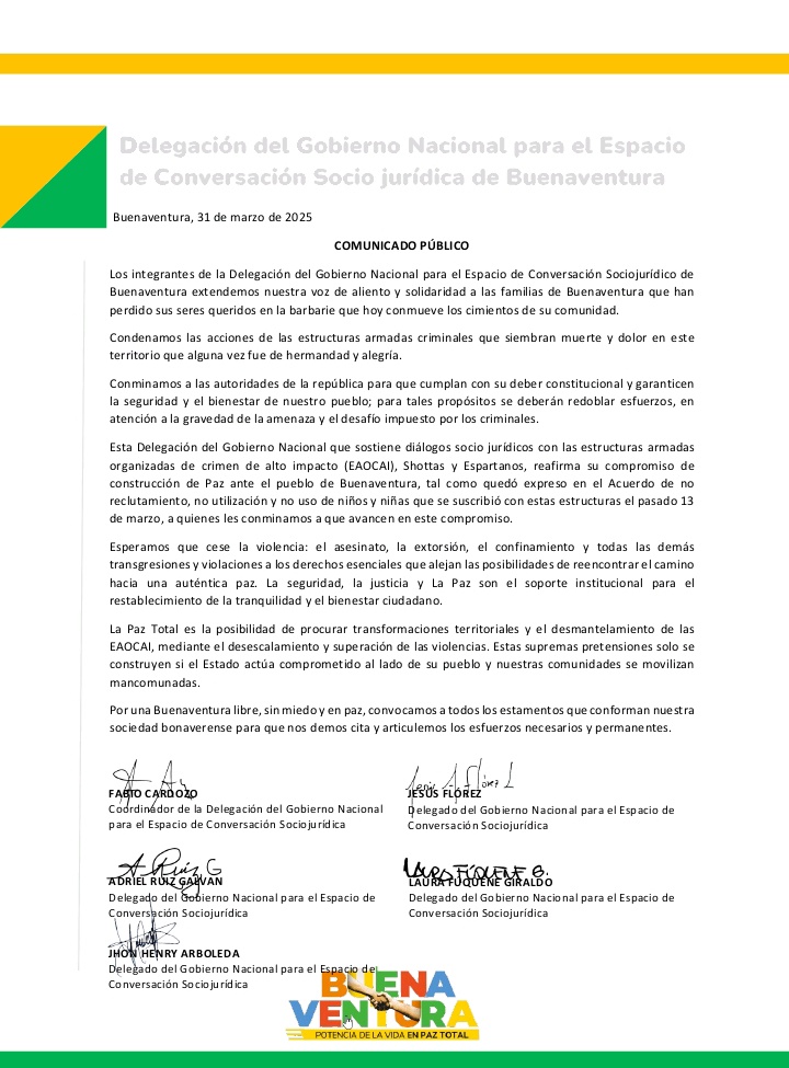 El doctorado en Estudios Sociales se une a la difusión de este comunicado y hace un llamado a la solidaridad en Buenaventura.Ante los hechos que hoy enlutan a la comunidad, reiteramos la necesidad de garantizar la seguridad, la justicia y la paz en el territorio