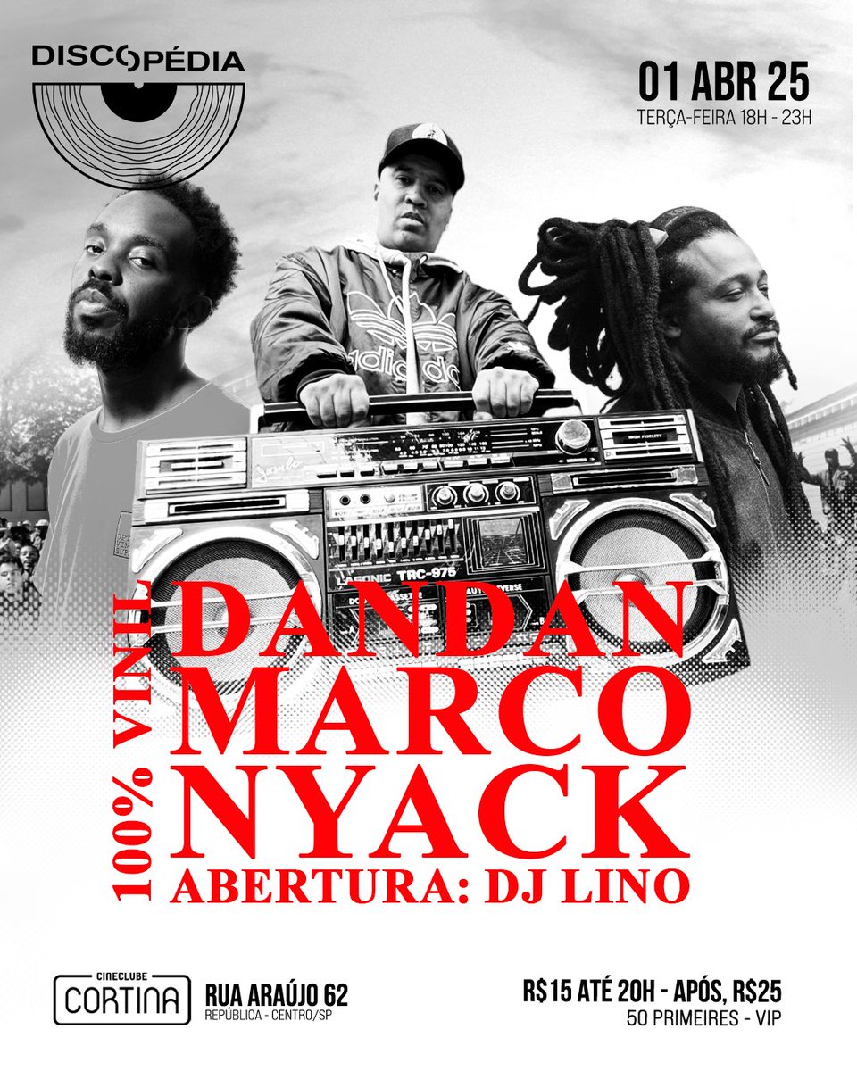 Discopédia (@_discopedia) on Twitter photo Daqui a pouco, família!
A sensacional de São Paulo apresenta o especial <a href="/kendricklamar/">Kendrick Lamar</a>!
Hoje, dia 01/04/2025, a partir das 18h no Cineclube Cortina.
DJs DanDan, Marco & Nyack no comando da nave.
Abertura, DJ Lino.
Mais informações: instagram.com/_discopedia Daqui a pouco, família!
A sensacional de São Paulo apresenta o especial <a href="/kendricklamar/">Kendrick Lamar</a>!
Hoje, dia 01/04/2025, a partir das 18h no Cineclube Cortina.
DJs DanDan, Marco & Nyack no comando da nave.
Abertura, DJ Lino.
Mais informações: instagram.com/_discopedia