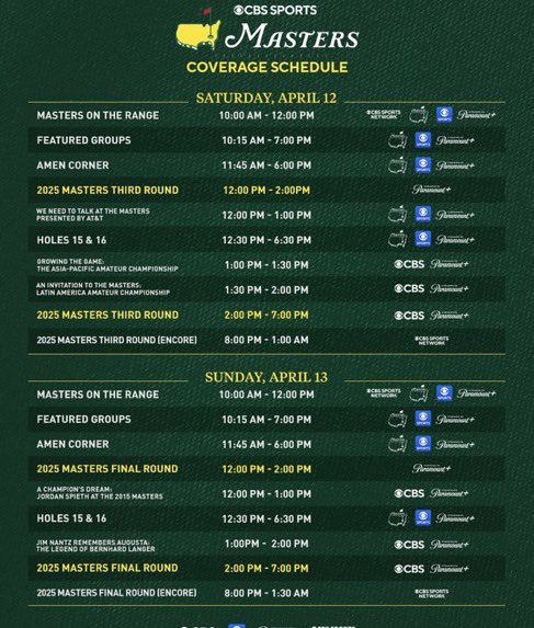Fore Play (@foreplaypod) on Twitter photo .<a href="/GolfonCBS/">Golf on CBS ⛳</a> just released the TV schedule for The Masters.
This year we’re getting 9 straight hours of coverage on Saturday and Sunday.
LFG. .<a href="/GolfonCBS/">Golf on CBS ⛳</a> just released the TV schedule for The Masters.
This year we’re getting 9 straight hours of coverage on Saturday and Sunday.
LFG.