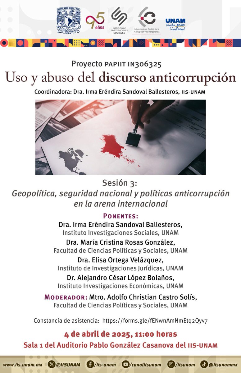 Los esperamos este viernes 4/4 a las 11 hrs en el <a href="/IISUNAM/">IISUNAM</a> para nuestra 3a Sesión del Seminario “Uso y Abuso del Discurso Anticorrupción”, que en esta ocasión abordará “La geopolítica y las políticas anticorrupción en la arena internacional”. No falte.