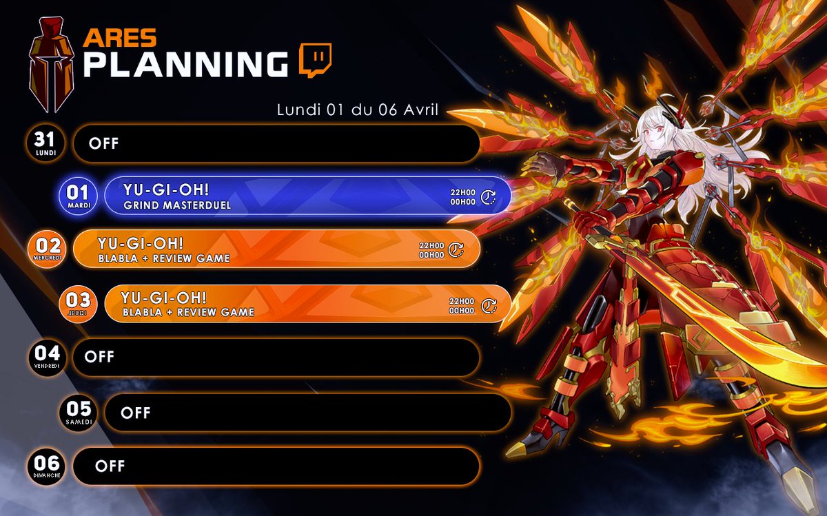 Ares_TCG's tweet photo. Planning de la semaine chez ARES :
🟦 Mardi : Master Duel
🟧 Mercredi & Jeudi : Review de games
Le tout à 22h chaque soir ⏰
Pas de prise de tête, juste du jeu & de la passion
📺 https://t.co/XA4LjAJKAi
#YuGiOh #MasterDuel #TeamARES https://t.co/M3oVWxi7qL