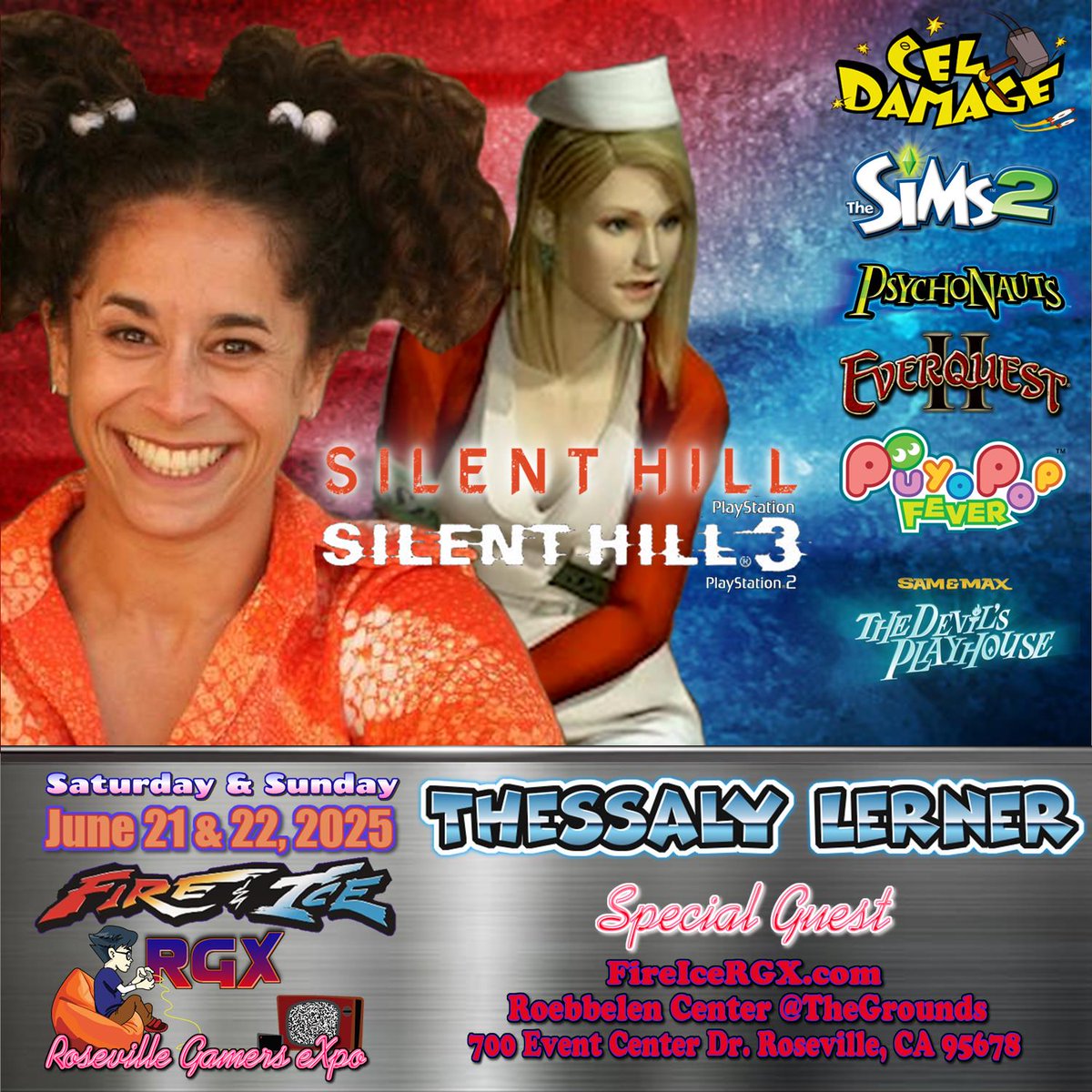 sacgamersexpo's tweet photo. Weโre pleased to welcome Thessaly Lerner as a Guest at Fire & Ice RGX 2025!
Thessaly is best known as #LisaGarland in #silenthill 1, 3 & the Teen Girl voice in #thesims2 & all expansion packs. #Psychonauts #CelDamage #PuyoPopFever #Everquest2 #TheUrbz #UltimateFightingWords https://t.co/o30odn8gO1