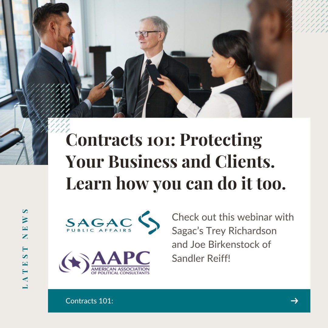 Watch the latest AAPC webinar featuring Sagac’s Trey Richardson and Joe Birkenstock of Sandler Reiff as they discuss protecting your company with strong contracts.  

youtube.com/watch?v=B2J8id…

#Sagac #PublicAffairs #ProtectYourBusiness