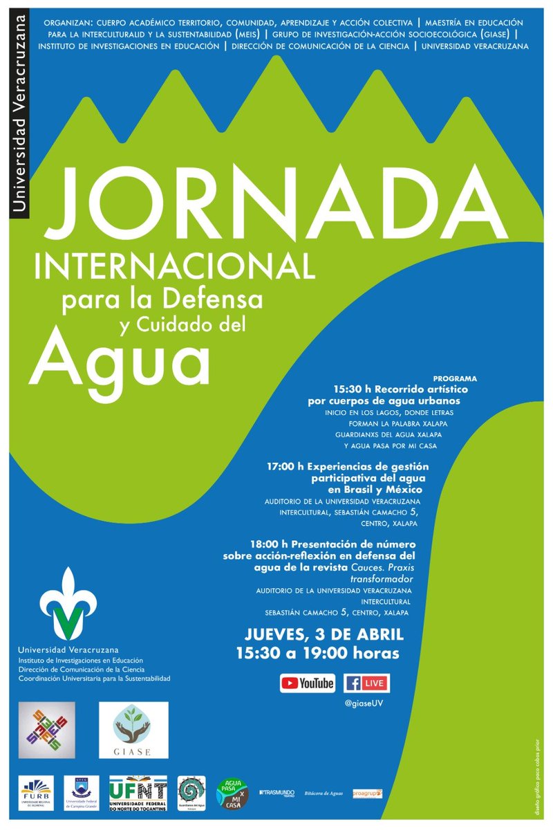 ¡Participa el 3 de abril en esta bella Jornada para la Defensa y Cuidado del Agua!💦💧 Les esperamos en Los Lagos a las 15:30 o en el auditorio de la UVI a las 17:00.