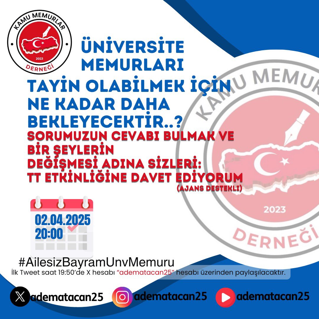 9 GÜN TATİL: Ne mutlu eşi ve çocukları ile vakit geçirene…! 

ÜNİVERSİTE MEMURLARI: İşine mi gitsin, ayrı kaldığı aile bireylerinin yanına mı?

BU SORUNUN GİDERİLMESİ: Merkezi ve kalıcı bir çözüm olması adına sizleri etkinliğe davet ediyorum.

Sn. Cumhurbaşkanım <a href="/RTErdogan/">Recep Tayyip Erdoğan</a>