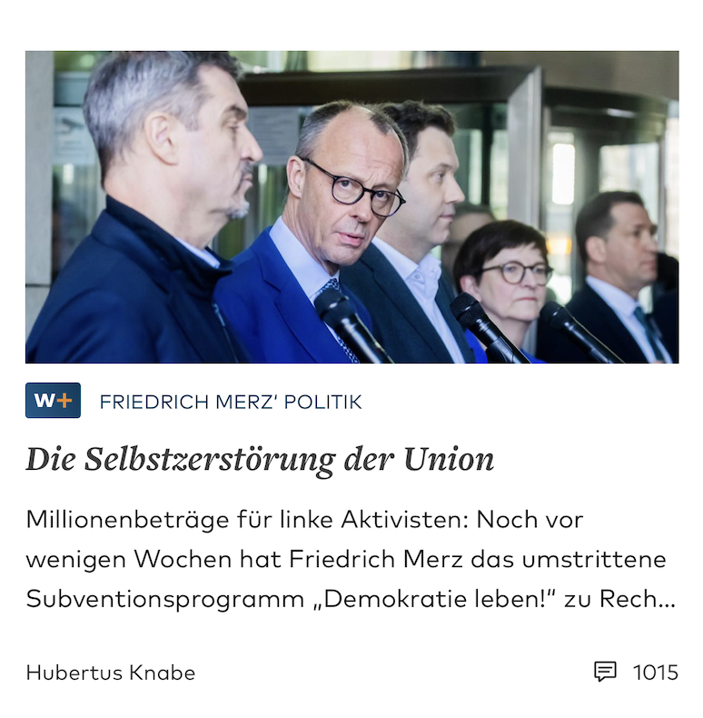 Wenn die Union nicht begreift, daß der staatlich finanzierte NGO-Sumpf, der schrittweise seit Schröders "Aufstand der Anständigen" (seit 2000) entstanden ist, dessen Aufwachsen dann von Merkel nicht gestoppt wurde und der unter der Ampel-Koalition explodiert ist, nicht nur ihr