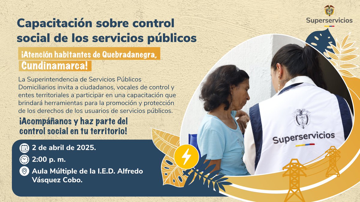 Superservicios's tweet photo. 🚨 ¡Cumplimos a las comunidades de #Cundinamarca! 🙌
La Superservicios invita a los talleres que se realizarán este miércoles 🗓️ 2 de abril en los municipios de #Quebradanegra y #Villeta.
En esta jornada se abordarán temas como:
✅Derechos y deberes de los usuarios
✅Cómo leer la facturas de los servicios públicos
✅Normatividad y procesos de reclamación ante las empresas prestadoras de los servicios públicos.
Asiste, participa y aprende las herramientas 📑⚖️ para ejercer control social 🔍 en la defensa de tus derechos
¡Te esperamos! 🤝
Aquí toda la información ⬇️