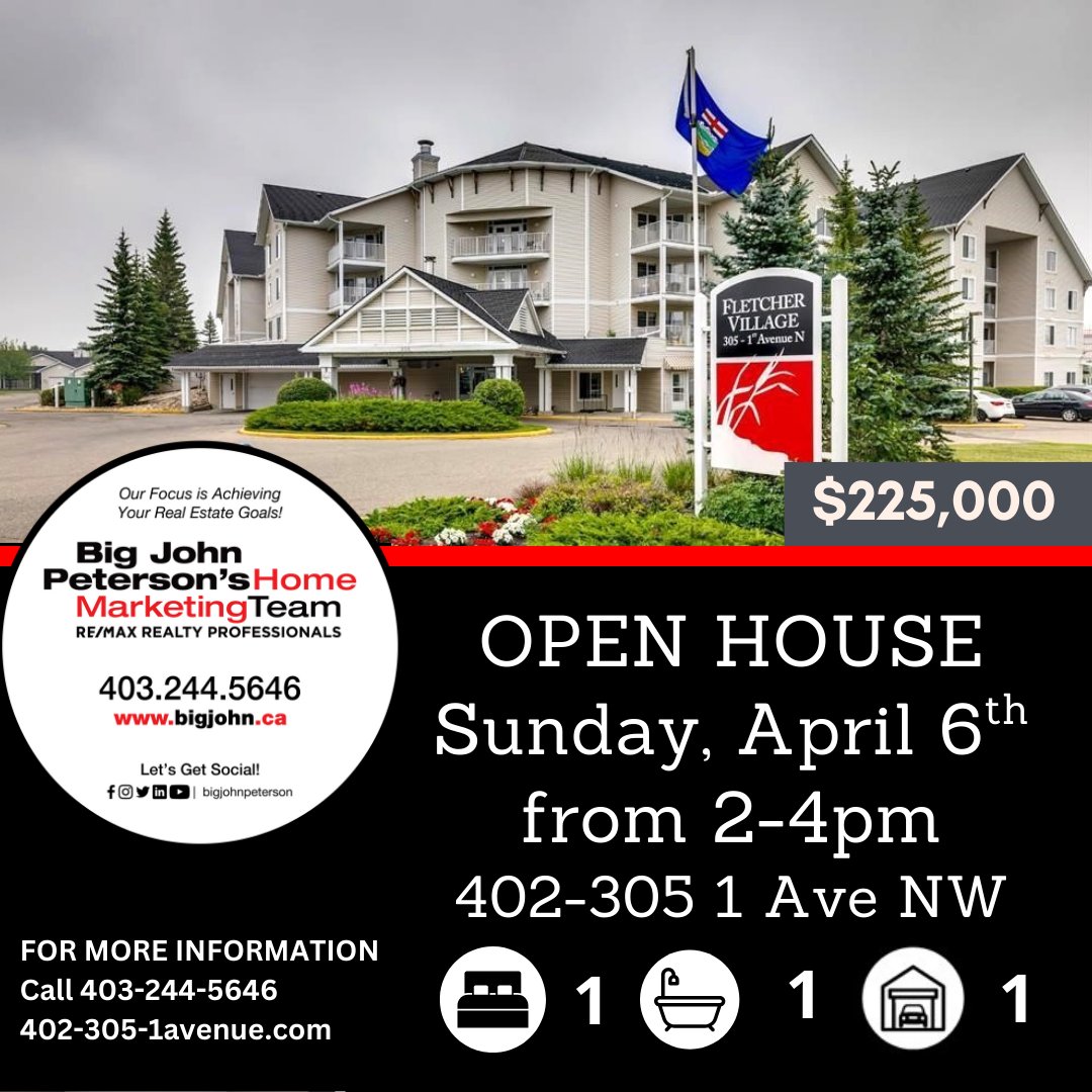 BigjohnPeterson's tweet photo. OPEN HOUSE on Sunday, April 6th from 2-4pm at 402-305 1 Avenue NW. Stop by and check out this amazing 60+ community living condo in Downtown Airdrie! https://t.co/JSqWMV7Beo