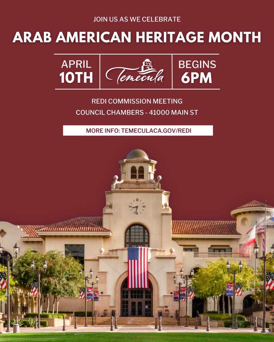 cityoftemecula's tweet photo. Join us in celebrating Arab American Heritage Month!
 
Proclamation Celebration:
📅 Thurs, April 10th
🕧 6 PM
📍 City Council Chambers - 41000 Main St
📜 To be presented during REDI Commission Meeting https://t.co/TbNLr3QsE9