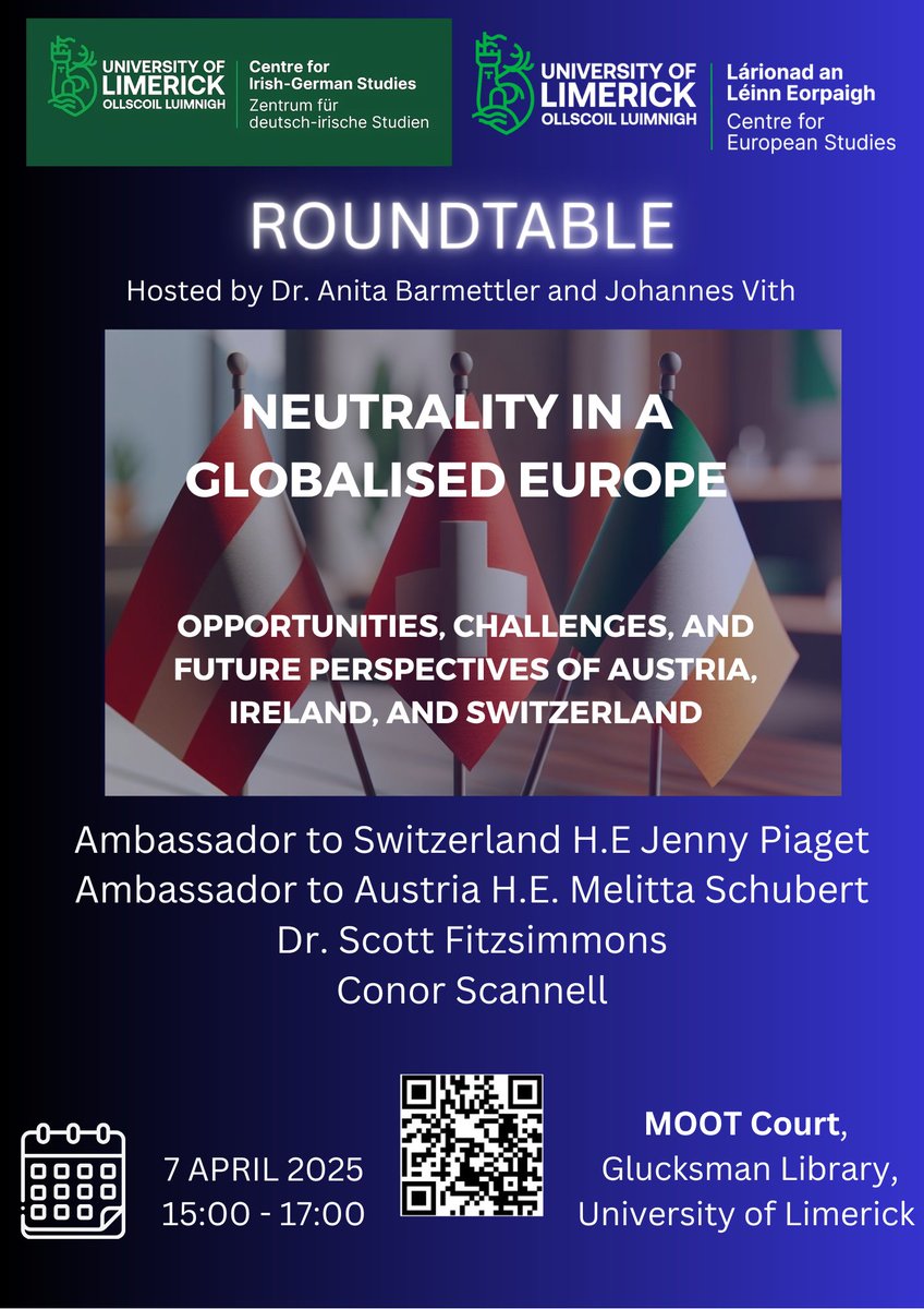 Join us for a very interesting roundtable on the 7th of April on "Neutrality in a Globalised Europe: Opportunities, Challenges and Future Perspectives from Austria, Ireland and Switzerland" It is possible to join online. Please register using the link below or visit our website.