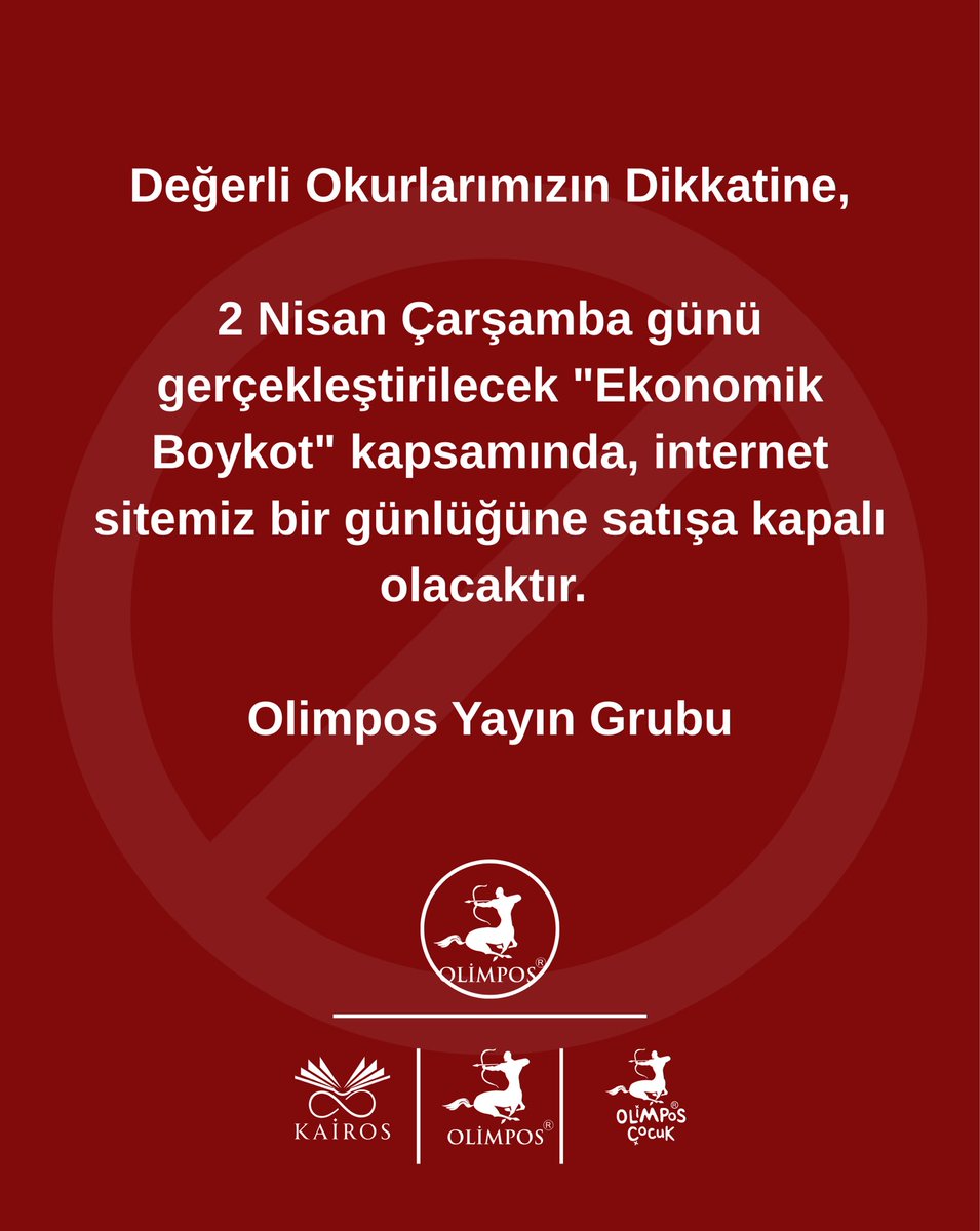 Sevgili okurlarımız,
Nisan ayı boyunca sizler için hazırladığımız Bahar Kampanyamız tüm hızıyla devam ediyor. Ancak, 2 Nisan Çarşamba günü ülke genelinde gerçekleşecek "Ekonomik Boykot"a destek vermek amacıyla sitemizi bir günlüğüne kapalı tutacağız.
Kampanyamız, 3 Nisan’dan